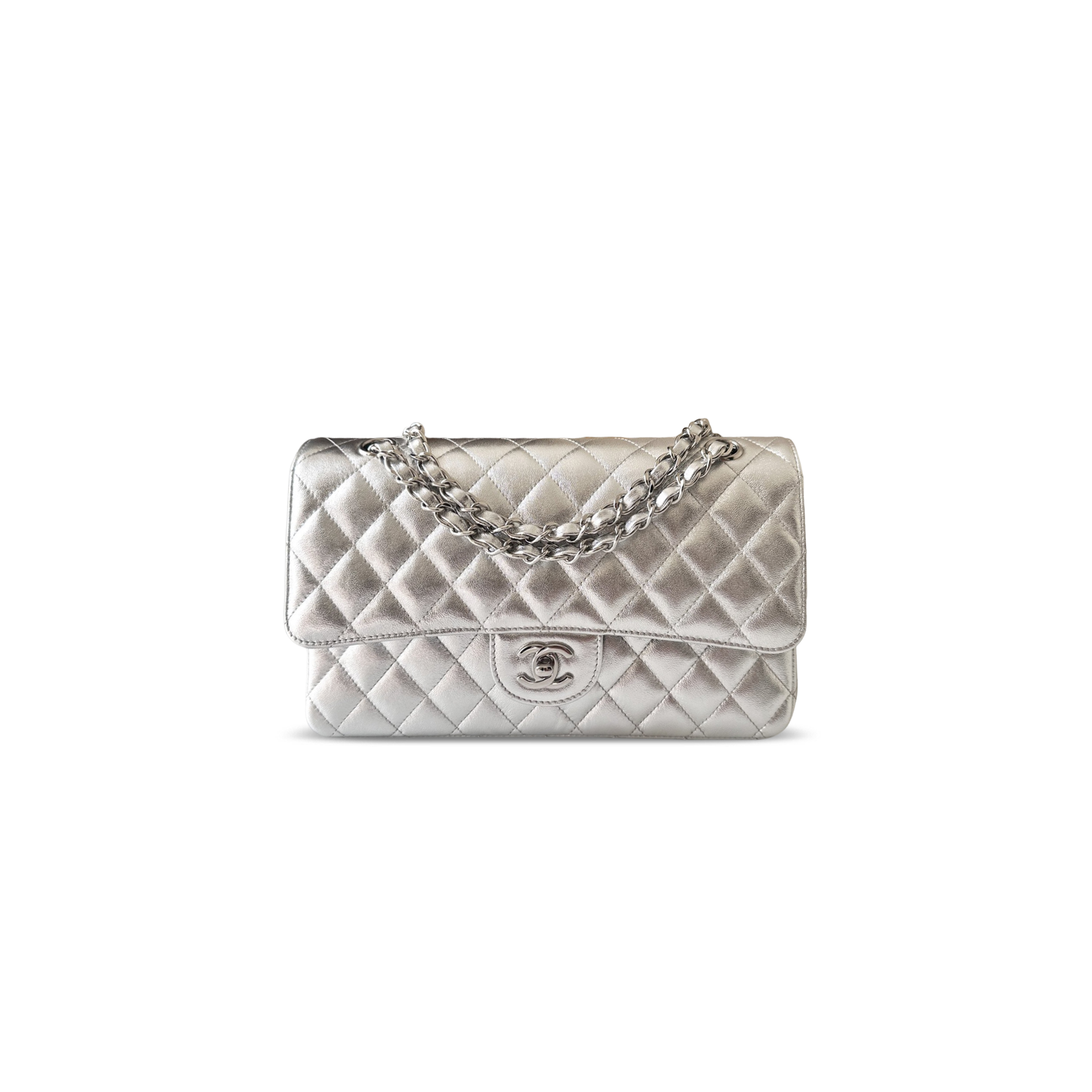 CHANEL SILVER METALLIC LAMBSKIN MEDIUM CLASSIC FLAP BAG A01112 (25.5*15*6cm)